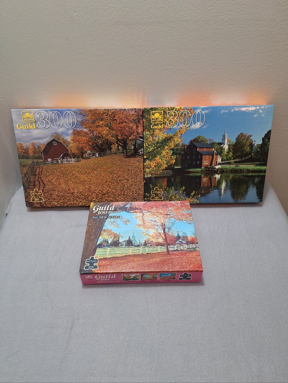 3 NOS VTG Golden Guild Fall Autumn Scene 300 Piece Puzzles Sealed USA Ages 10+